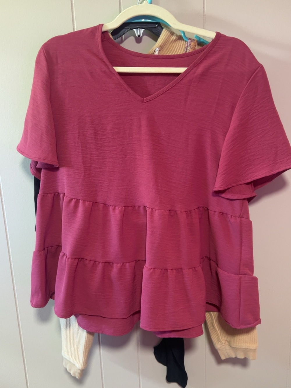 SHEIN V-Neck Tiered Peplum Top - Berry Pink
